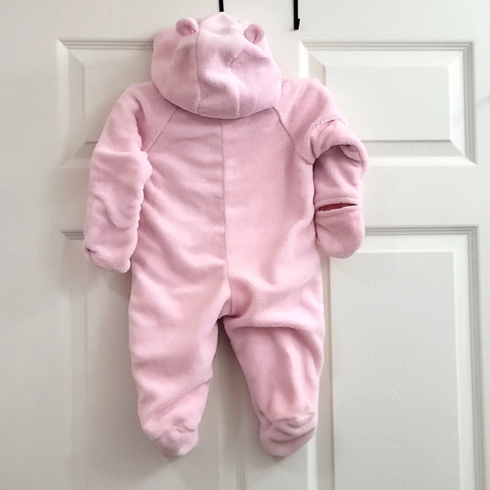 Small Wonders Hooded Fleece Pink One Piece Snowsuit‎ Teddy Bear Ears 6/9 Months